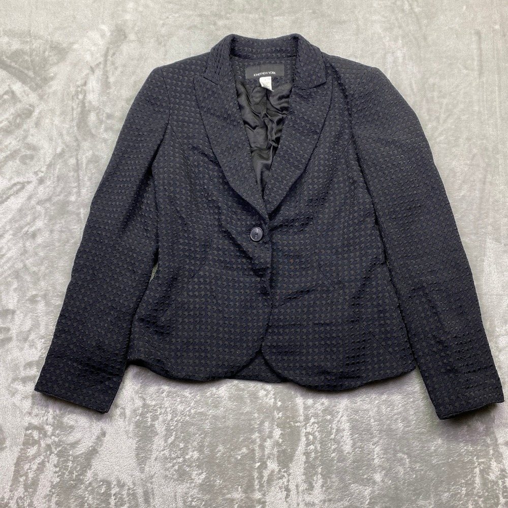Jones New York Navy Blue Textured Houndstooth Single Button Blazer Jacket Size 6